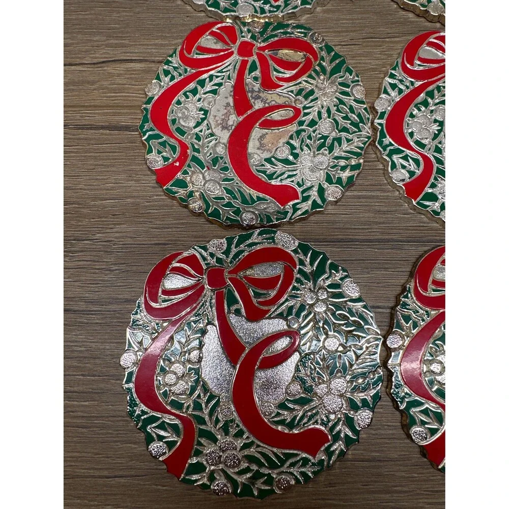 VTG Japan Silver Metal Green Enamel Wreath Red Bow Christmas Coasters Set of 6